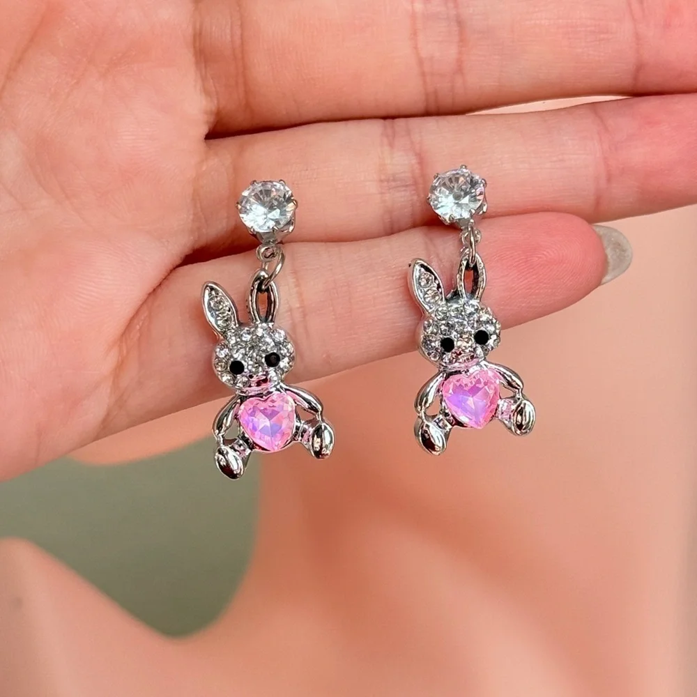 Sparkling Bunny Earrings with Pink Heart
